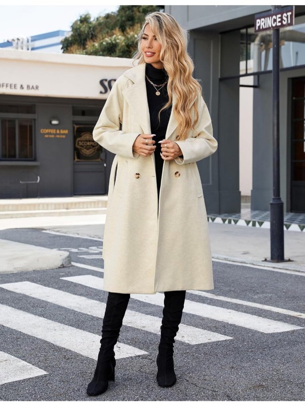 Women's Beige Polyester Mid length Autumn Elegant Double Breasted Long Pea Coat - Picture 2 of 6